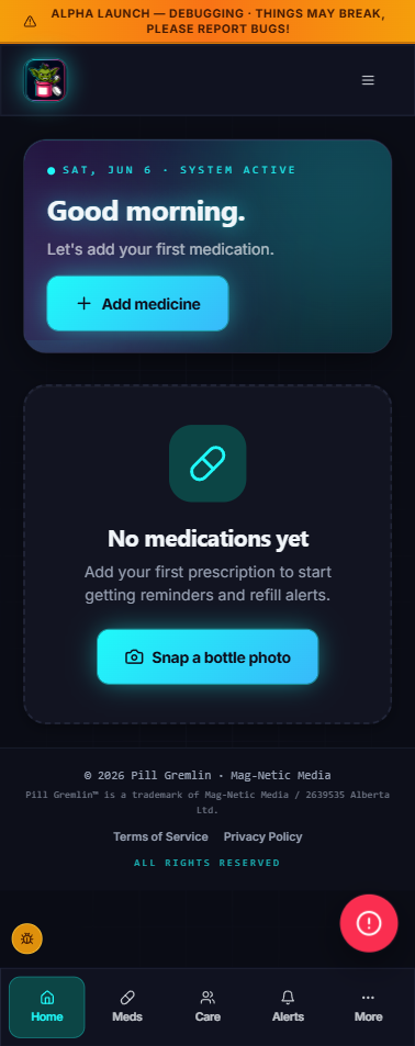 Pill Gremlin home screen — snap a bottle photo