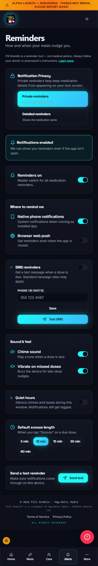 Pill Gremlin reminders with notification privacy